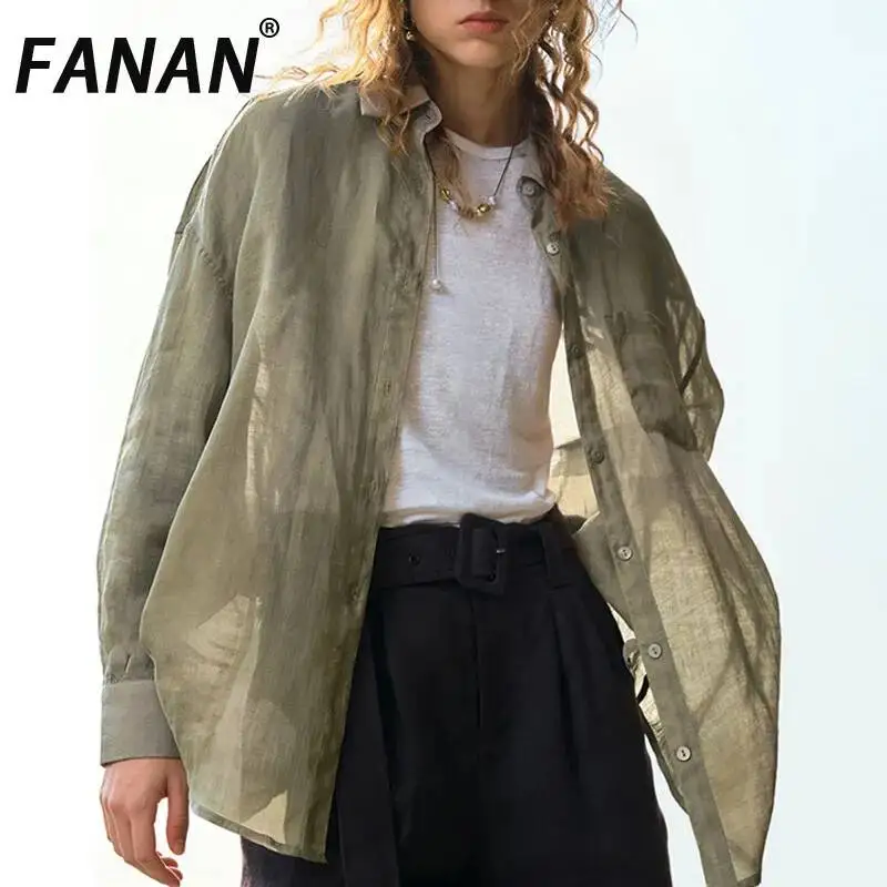 

FANAN 100% Linen Sunscreen Shirts For Women Lapel Single Breasted Office Lady Loose Blouses Elegant Female Tops 2026 Summer New