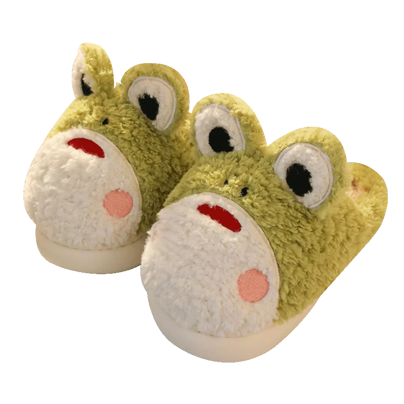 Cute Frog Cotton Home Slippers For Women In Winter Cute Cartoon Indoor Home Frog Fur Thick Bottom Warm Winter Slippers For Men