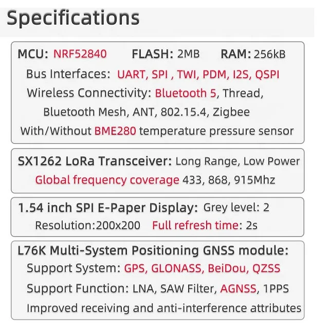 LoRa SX1262 Wireless Tech, 433 MHz, 868 MHz, 915MHz, NRF52840, 1.54 E-Paper, GPS, RTC, NDavid, BME280 TTGO, Meshtastic, T-Echo