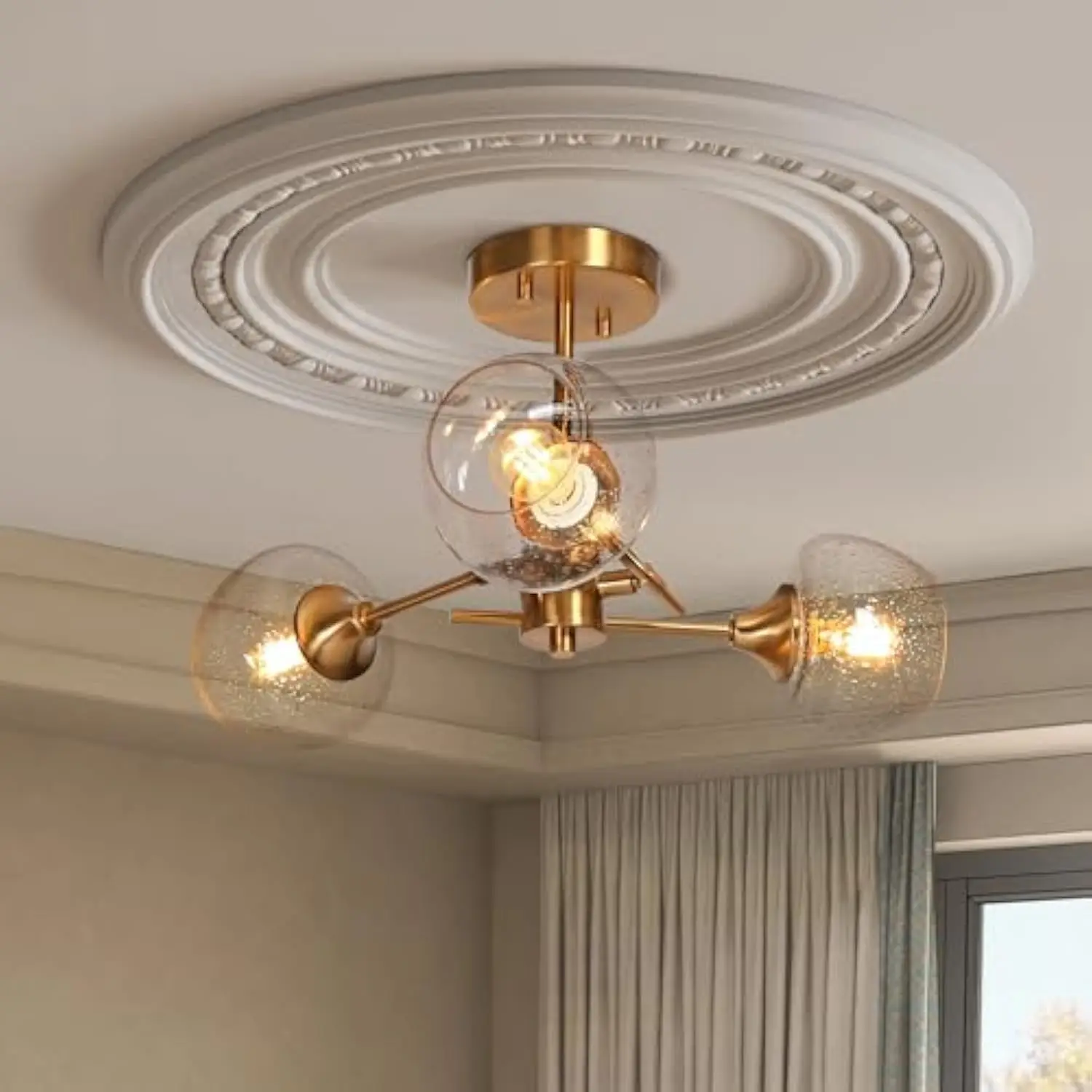 

Semi Flush Mount Ceiling Lights,3 Light Gold Close to Ceiling Lights Modern Adjustable Ceiling Light Fixture with Seededed Glas