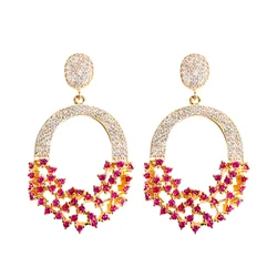 CWWZircons Luxury Brazilian Gold Color Hot Pink Cubic Zircon Pave Big Long Drop Earrings for Women Wedding Fashion Jewelry E0844