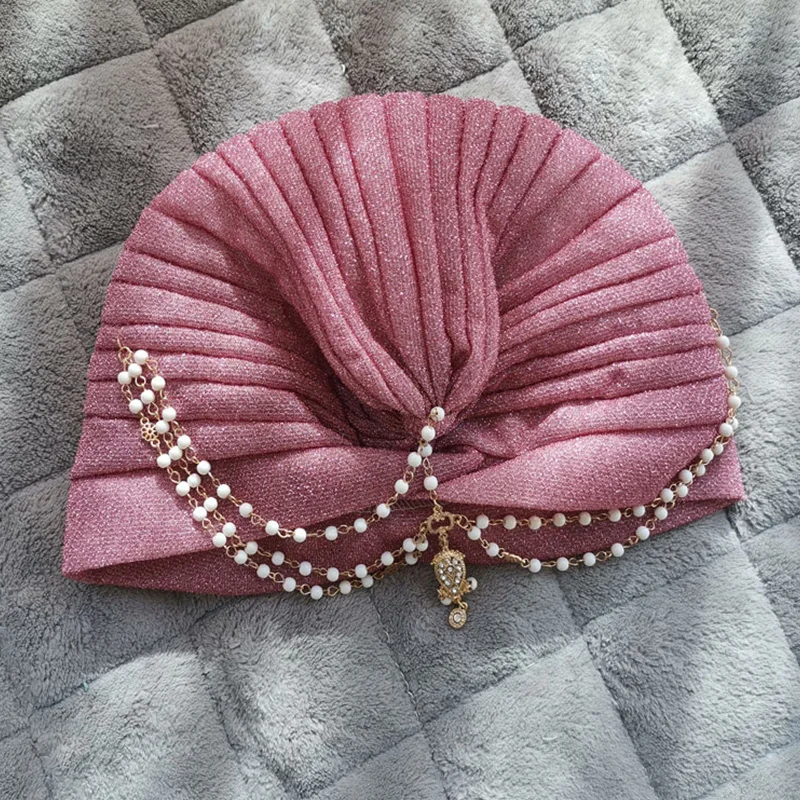 Fashion Exotic Muslim Turban Women Boho Pearl Chain Head Scarf Bonnet Hijab Cap Solid/Leopard Arab Dance Party Wrap Turbantes