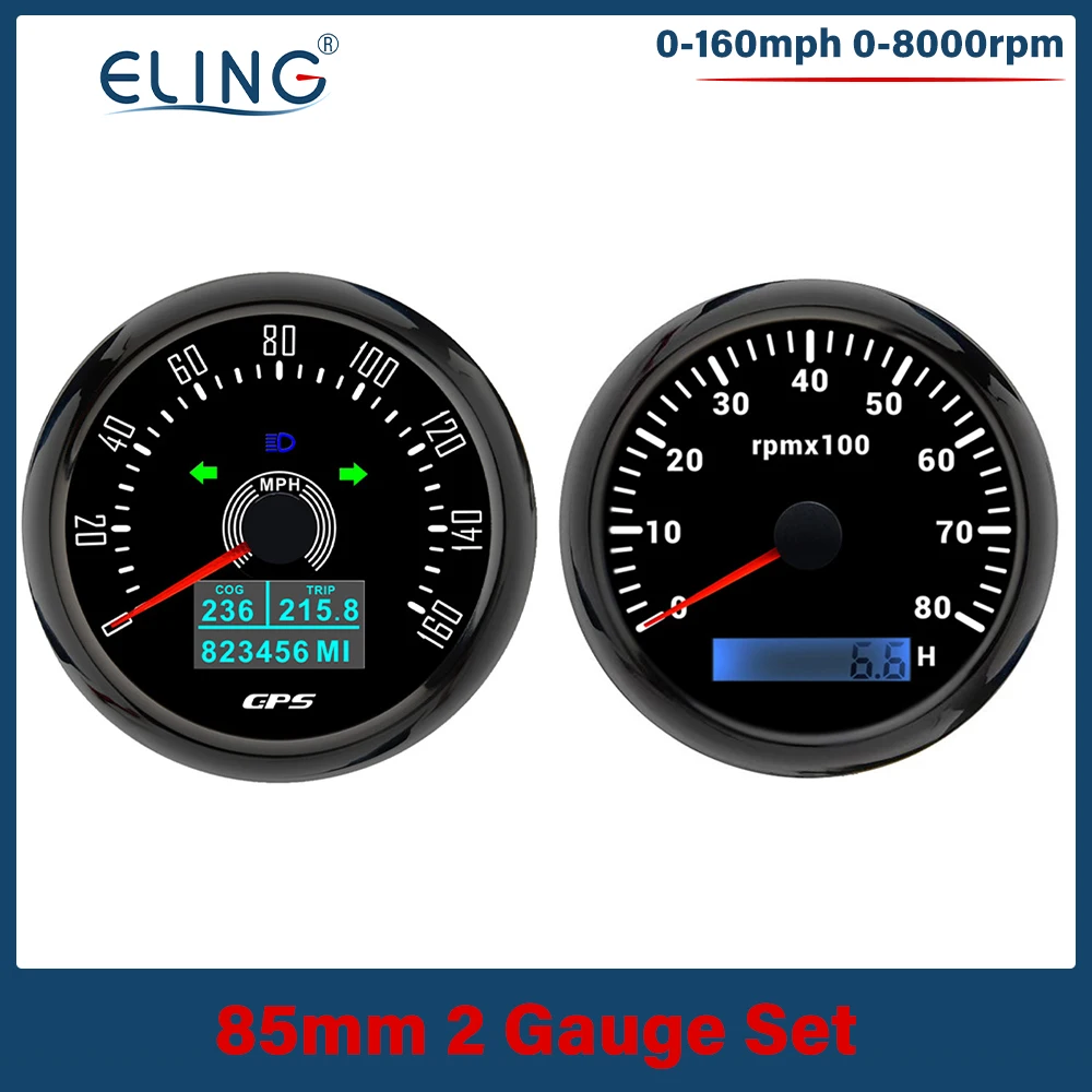 

ELING 2 Gauge Set 85mm GPS Speedometer 160MPH 200km/h 8000RPM Tachometer with 7 Colors Backlight for Auto Tractor 9-32V