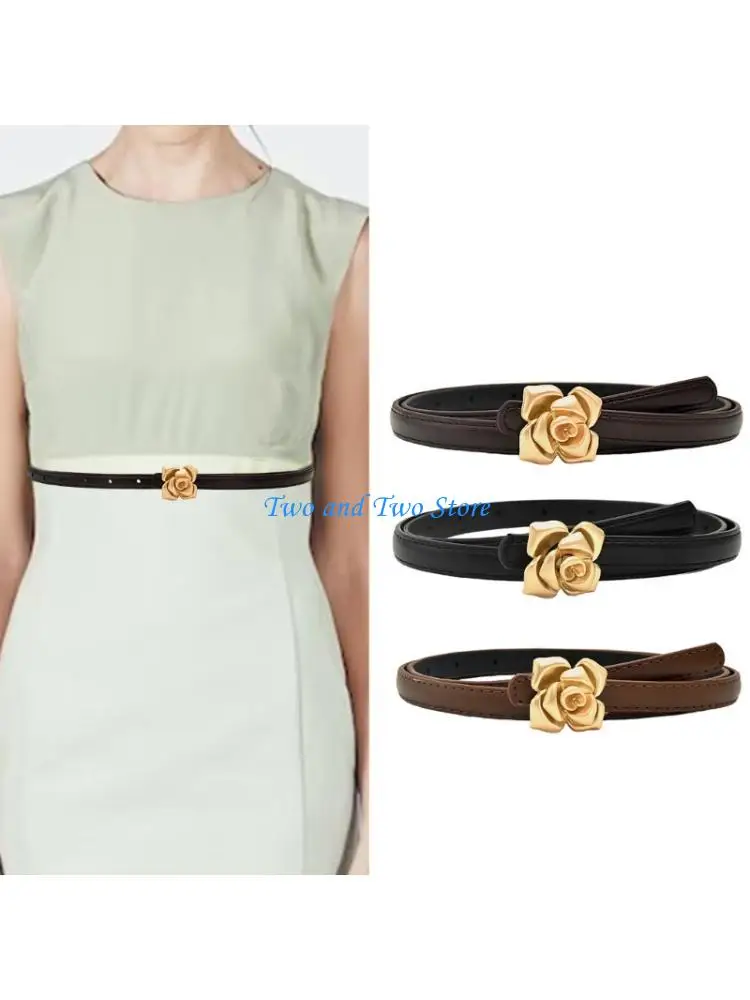 

HX6F Adjustable PU Belt With Flower Golden Button Button For Women Fashion Jeans And Office Pants
