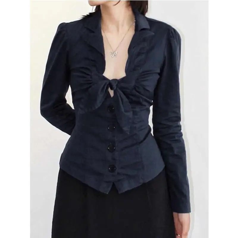 

Vintage Bow-tie Lace-up Deep V-neck Hollow Long-sleeved Shirt for Women, Spring Button-up Slim-fit Top