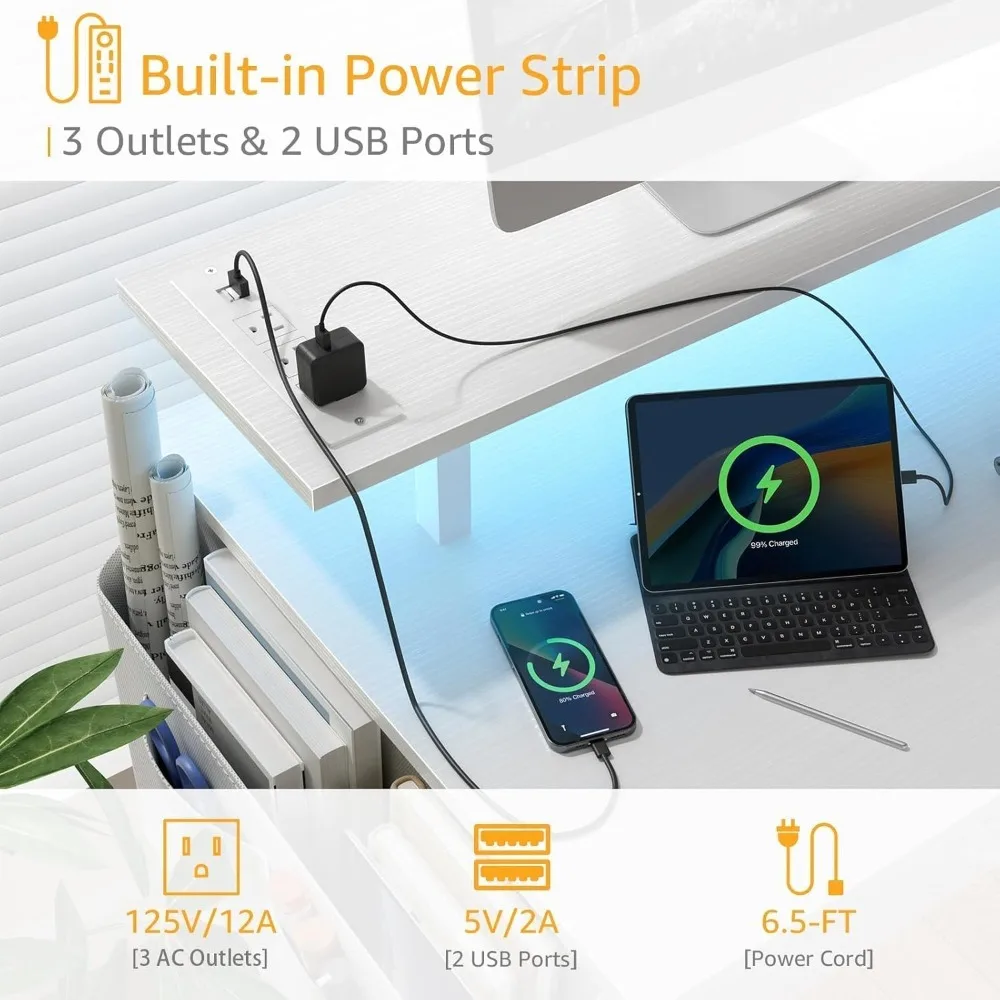 Meja Komputer Putih dengan Rak dan Laci - Meja Kantor Rumah 47 Inci dengan Laci dan Rak, Meja Putih Kecil dengan Rak,