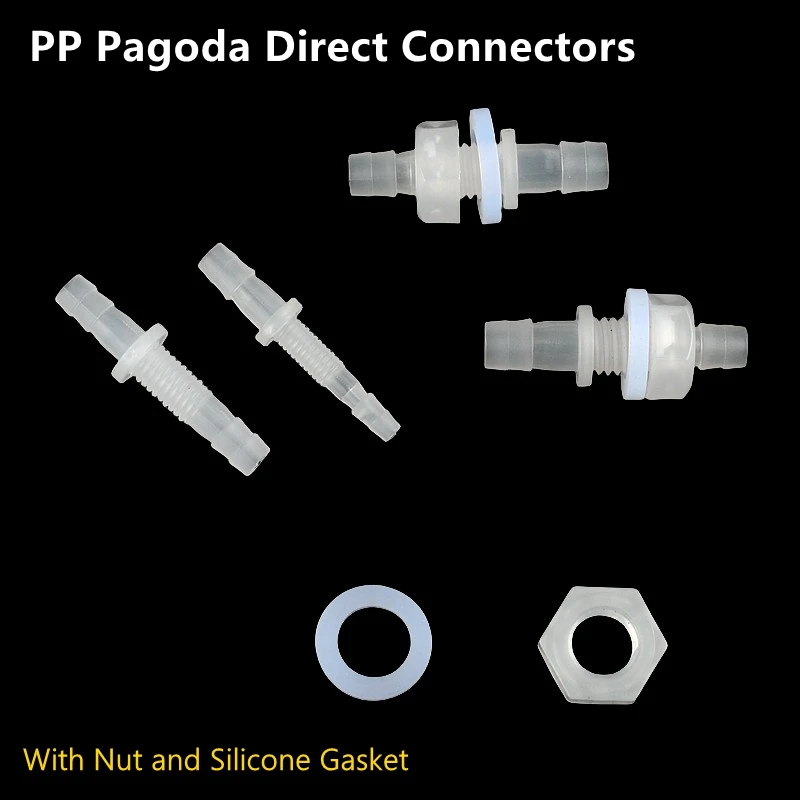 

PP Pagoda Direct Connectors for Aquarium Tank Air Pump Fittings Hose Joints with Hex Nut Silicone Gasket M6~M10 to 3~8mm 5-10PCS