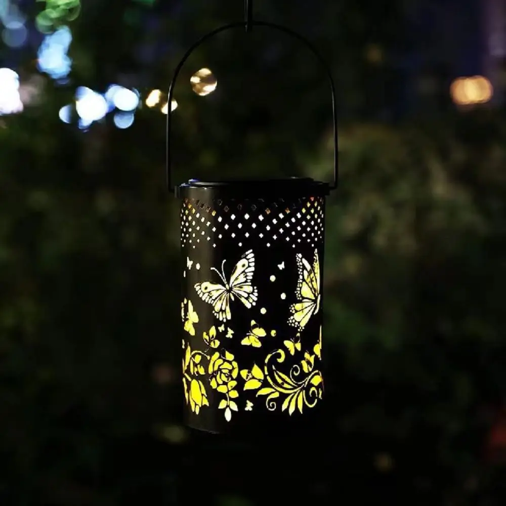 

Craft Metal Solar Butterfly Light Hollowed-out with Handle Projection Lamp Waterproof Creative LED Hanging Lantern Balcony