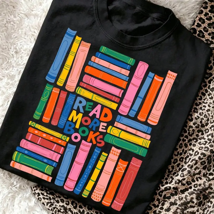 Book Lover T Shirt Women Colorful Stacked Books Graphic Tee  Bookish Gift Top Cute Librarian Bookworm Tshirt Aesthetic Loose Fit Drop Shoulder
