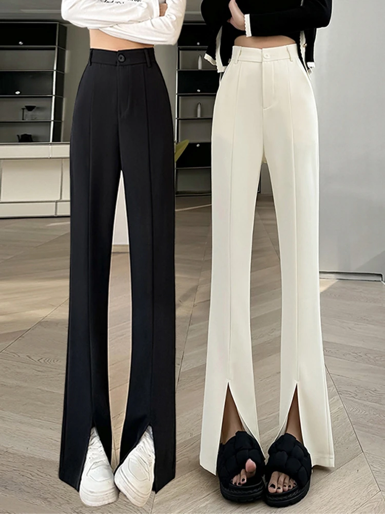 

2025new chiffon straight leg slit wide leg high waist elastic waist women's long pants white solid color loose casual work pants