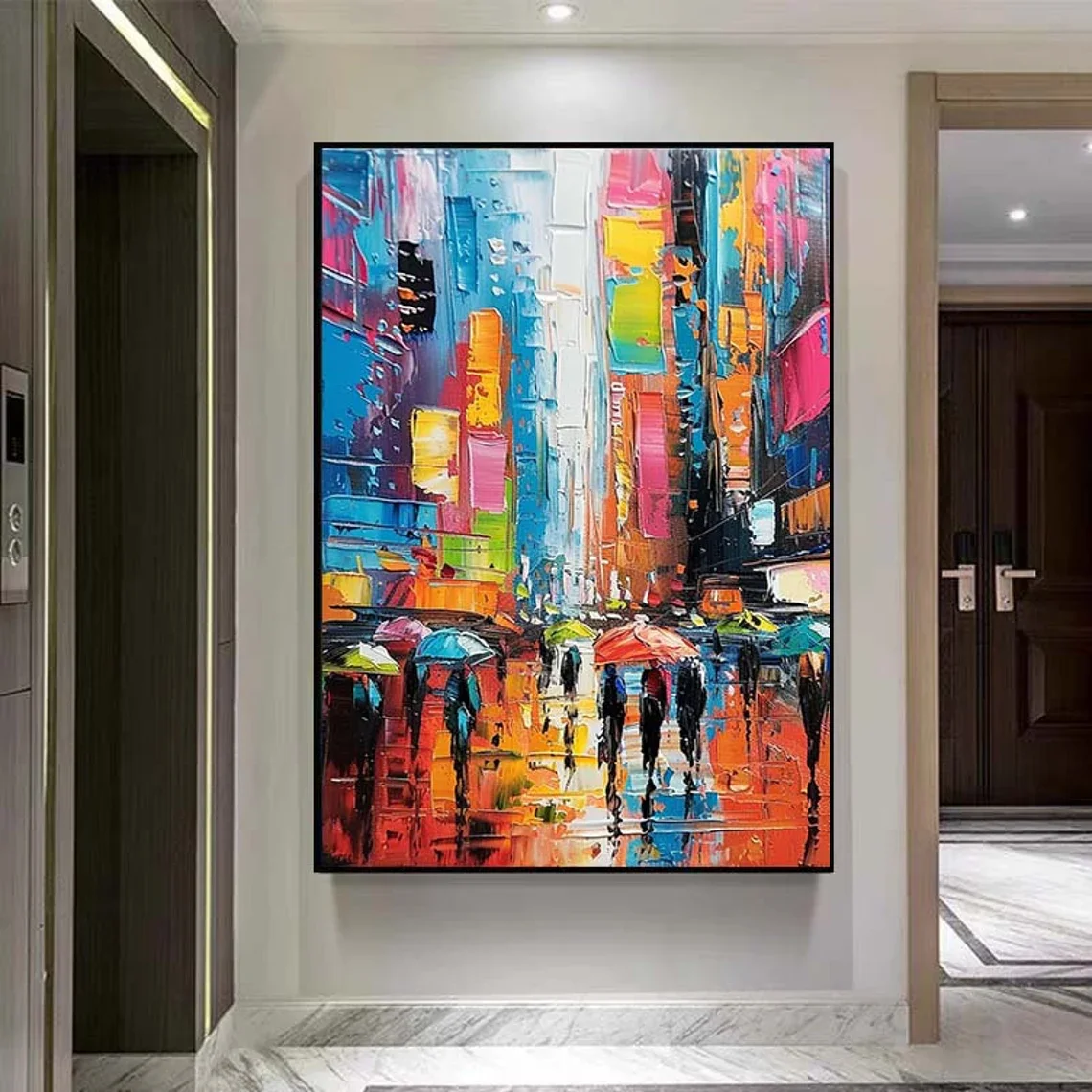 Original Custom Urban Painting, Abstract Colorful Cityscape Oil Painting on Canvas, Modern Living Room Wall Decor, Large Texture