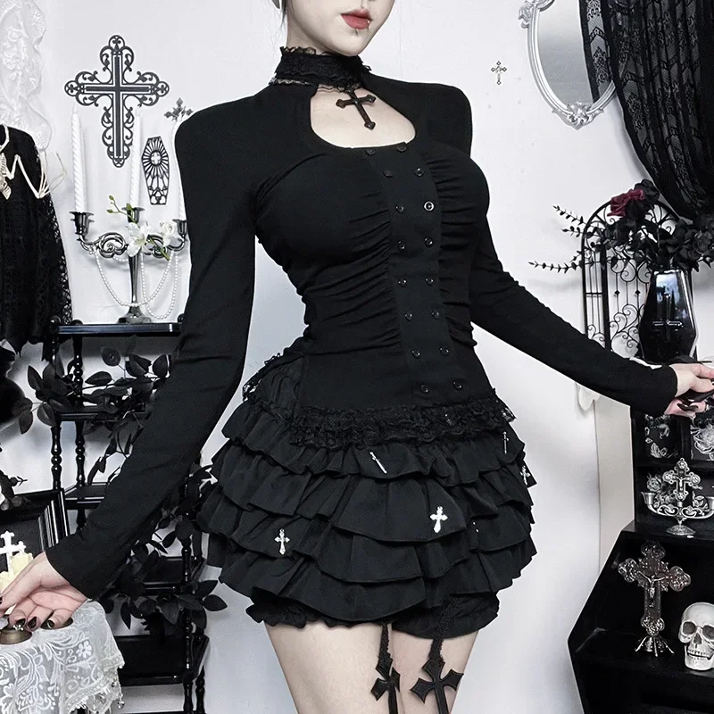 Cross Choker Lace Trim Long Sleeve T-shirts Mall Gothic Black Slim Tops for Women Y2K 90s Casual Top Tees Streetwear