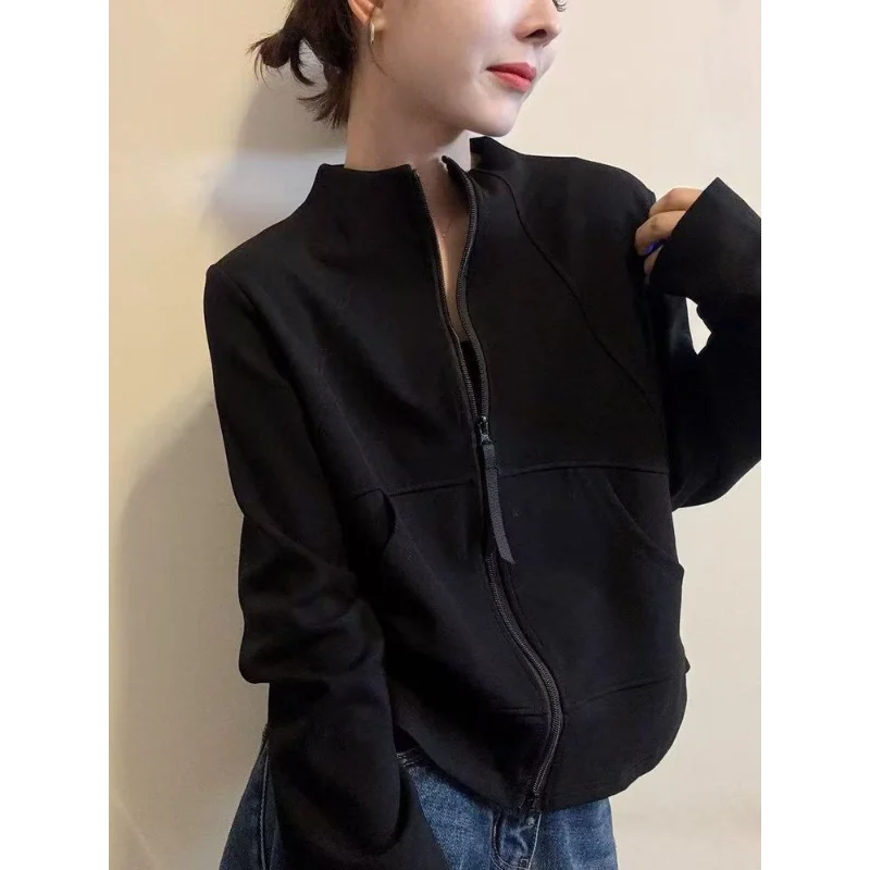 

2025 Autumn Winter Stand Collar Floater Zipper Drop Shoulder Pressed Line Casual Long Sleeve Sweater Cardigan Top
