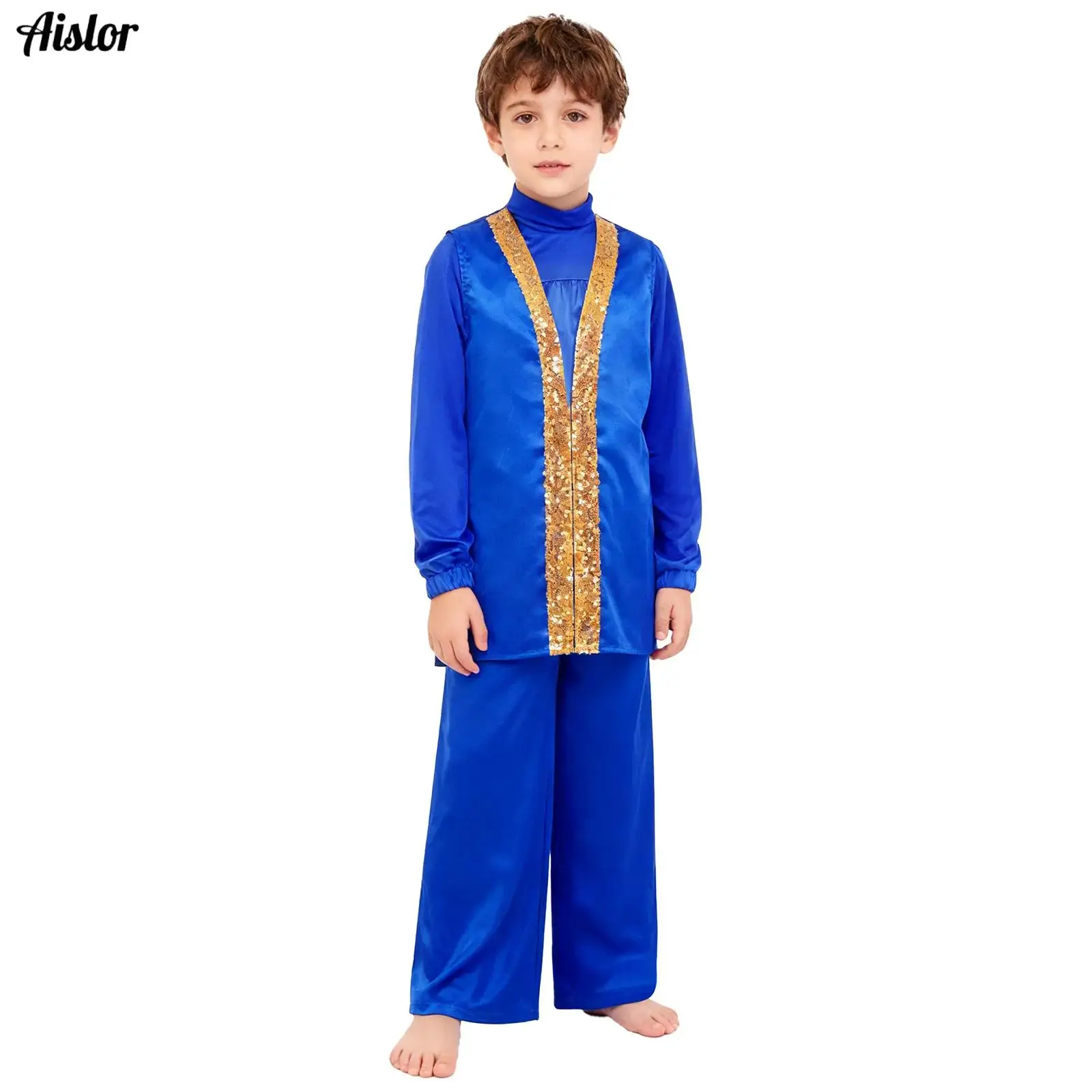 

3Pcs Kids Boys Girls Liturgical Praise Dance Outfit Long Sleeve Zipper Satin Top+Wide-Leg Pants+Sides Split Sequin Satin Robe