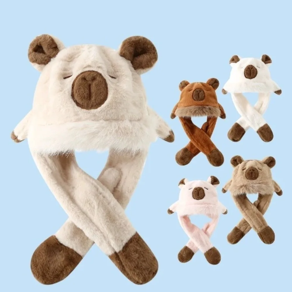 Gorro con protección para los oídos a prueba de viento de dibujos animados, gorro con orejas móviles gruesas, conjunto de bufanda, bufanda con capucha de capibara suave integrada para invierno
