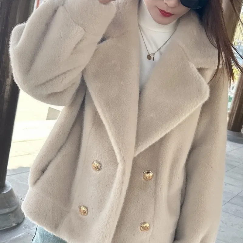 2024 Winter New Fashion Women Thicker Warm Faux Mink Fur Coat Lapel Double Breasted Button Elegant OL Style Short Jacket