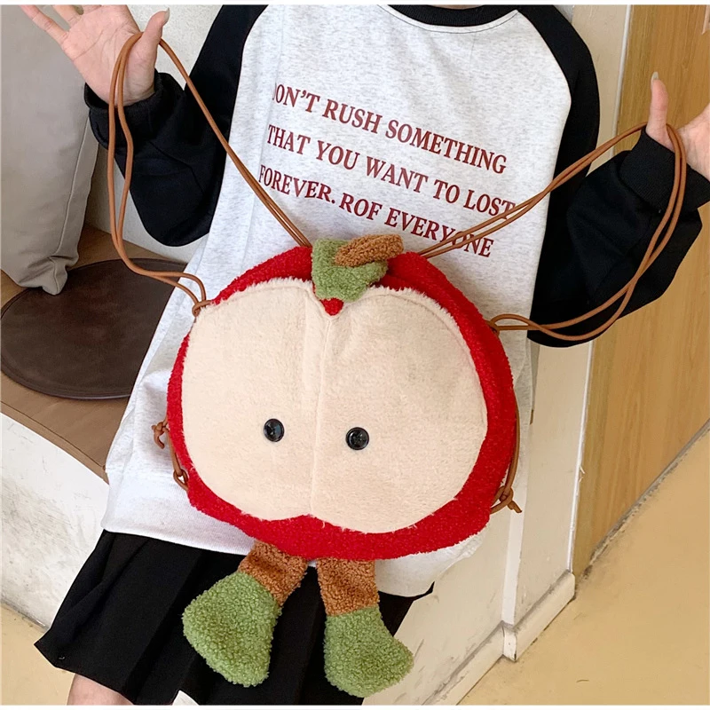 Rucksack und Umhängetasche, süße, niedliche, apfelförmige, leichte Kawaii-Handtasche aus Plüsch für Damen, Schultasche für Mädchen, Tagesrucksack – Detail 13