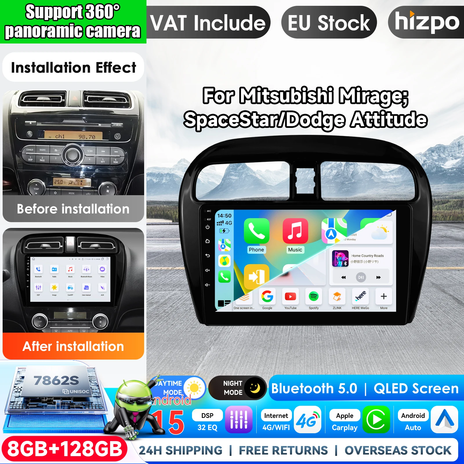 Image of Hizpo 9 Zoll Wireless CarPlay Android Auto Autoradio für MITSUBISHI Mirage Spacestar Attrage 2012-2018 Dodge Attitude Multimedia Wireless Apple CarPlay Smart Intelligent Systems IPS Touchscreen Stereo
