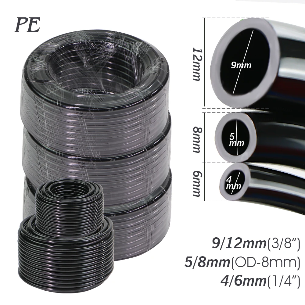 10/20/30/50M OD-6mm 8mm 12mm czarny PE wąż ogrodowy odporny na ciśnienie 4/6mm 5/8mm 9/12mm rura do nawadniania kropelkowego 3/8 "1/4" rura nawadniająca
