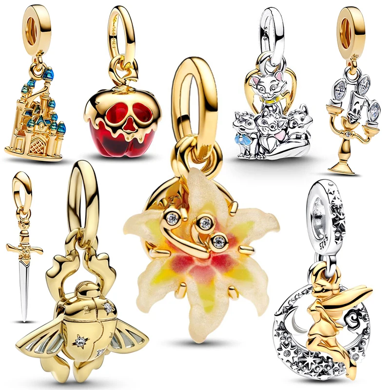 

Charms plata de ley Disney Gold Plated Lily Flower Pendant Beads Fits 3mm Bracelets Necklace For Women Luxury DIY Fine Jewelry