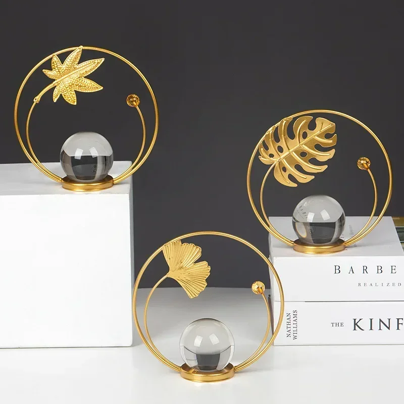 Scandinavian Light Luxury Gold Turtle Leaf Crystal Ball Metal Ornaments Wine Cabinet Entryway Table Decoration Crafts Ornaments