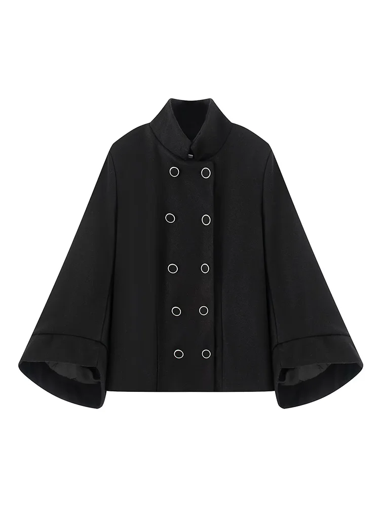 

HH Woman Loose Long Sleeves Double-breasted Decoration Stand-up Collar Coat Female Autumn Casual Batwing Sleeve Solid Jacket