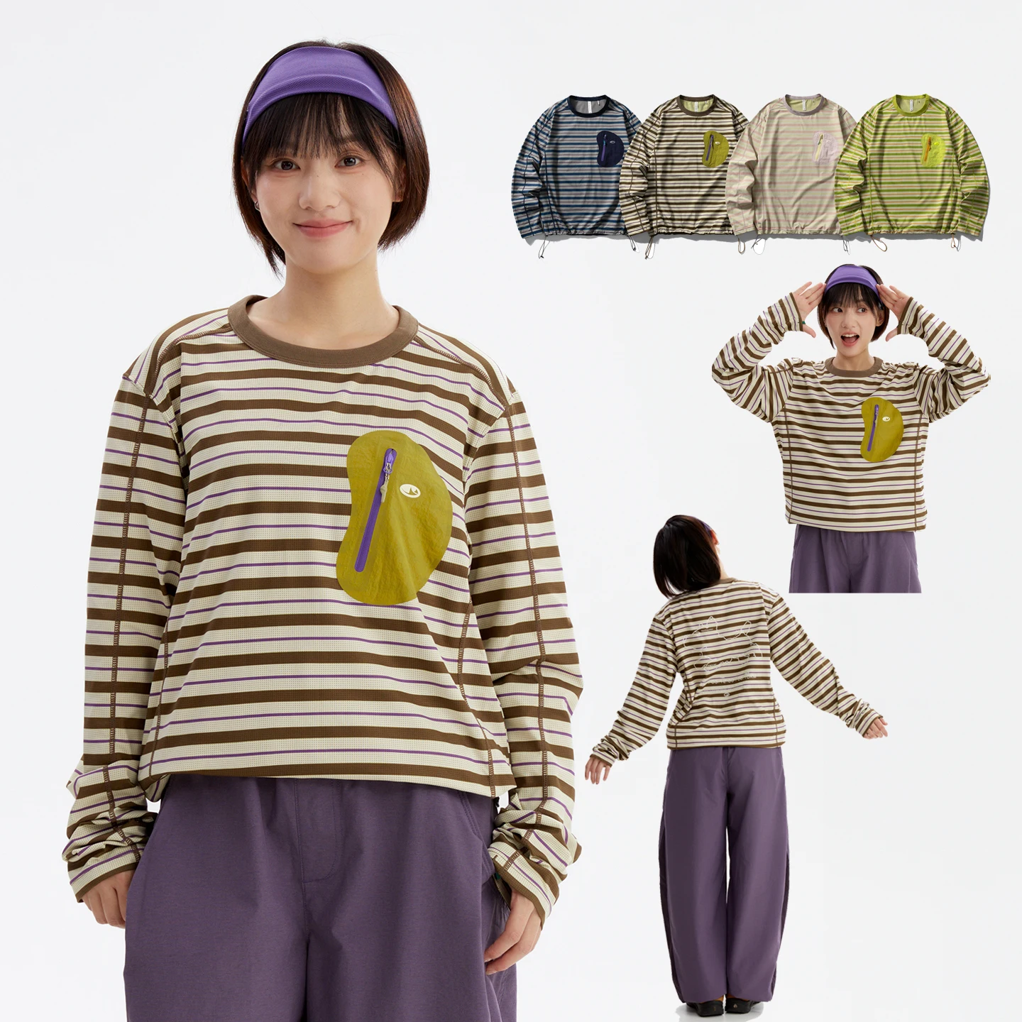 Retro Striped Long Sleeve T‑Shirt Unisex Antibacterial Quick Dry UV Protection Camping Drawstring Hem Chest Pocket Base Layer