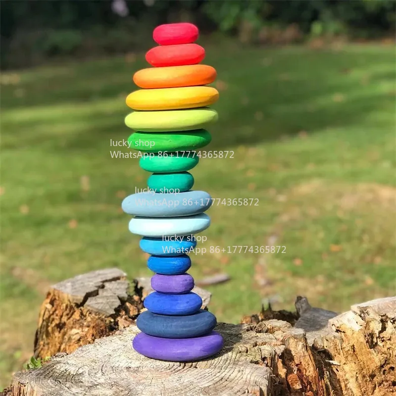 Rainbow Solid Wood Stacked Stone Pebble Construction Balance Color Ornament