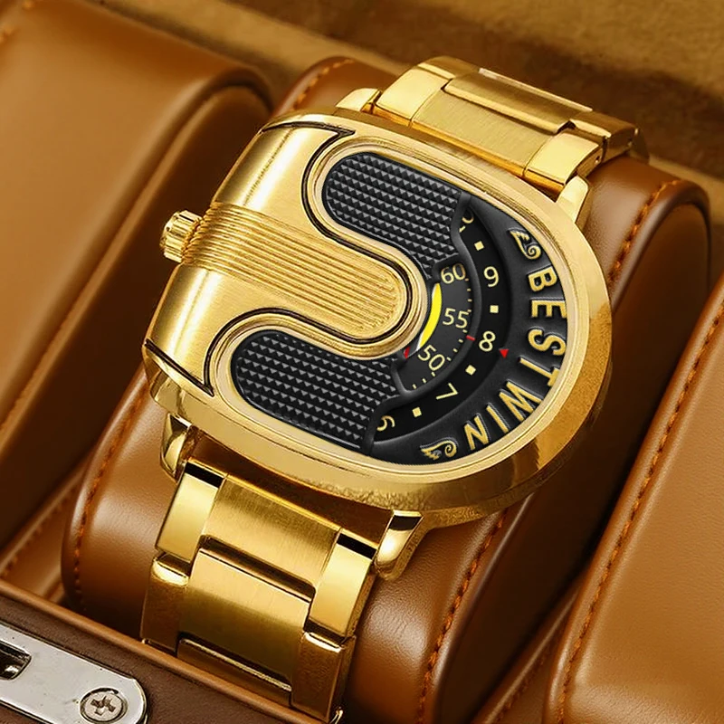 Gold Top Brand Luxury Men Watches Unique Design Stainless Steel Band Golden Dropship relogio masculino High Quality Male