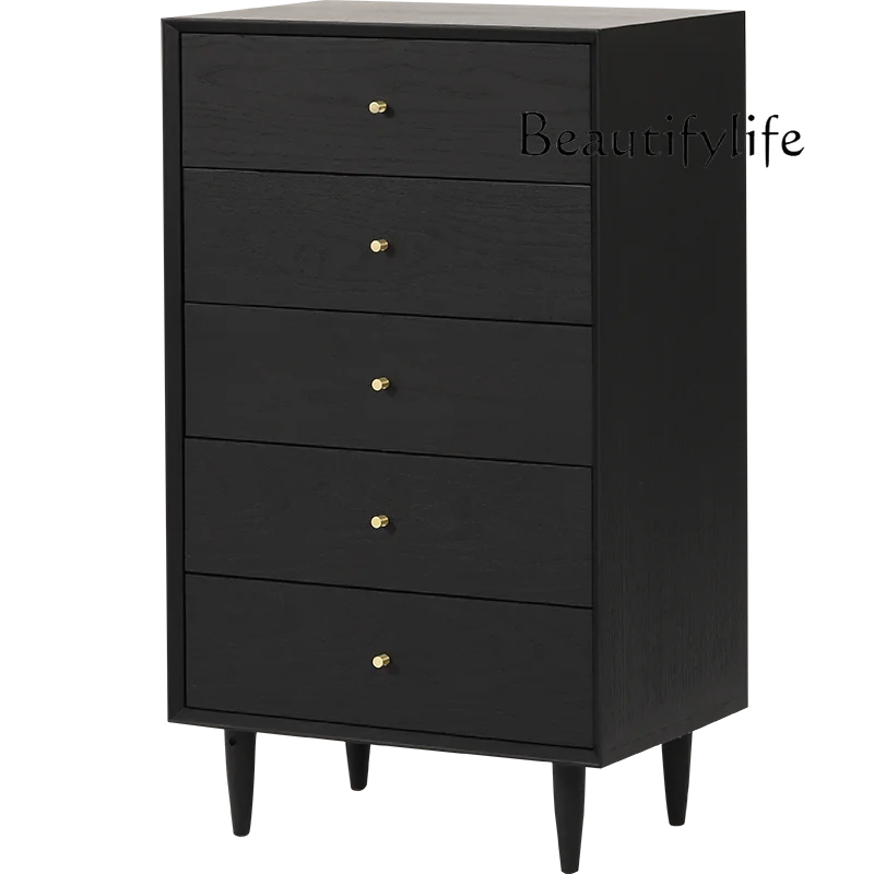 

Nordic Solid Wood Bedroom Chest of Drawers Japanese Retro Oak Storage Underwear Side Cabinet Black