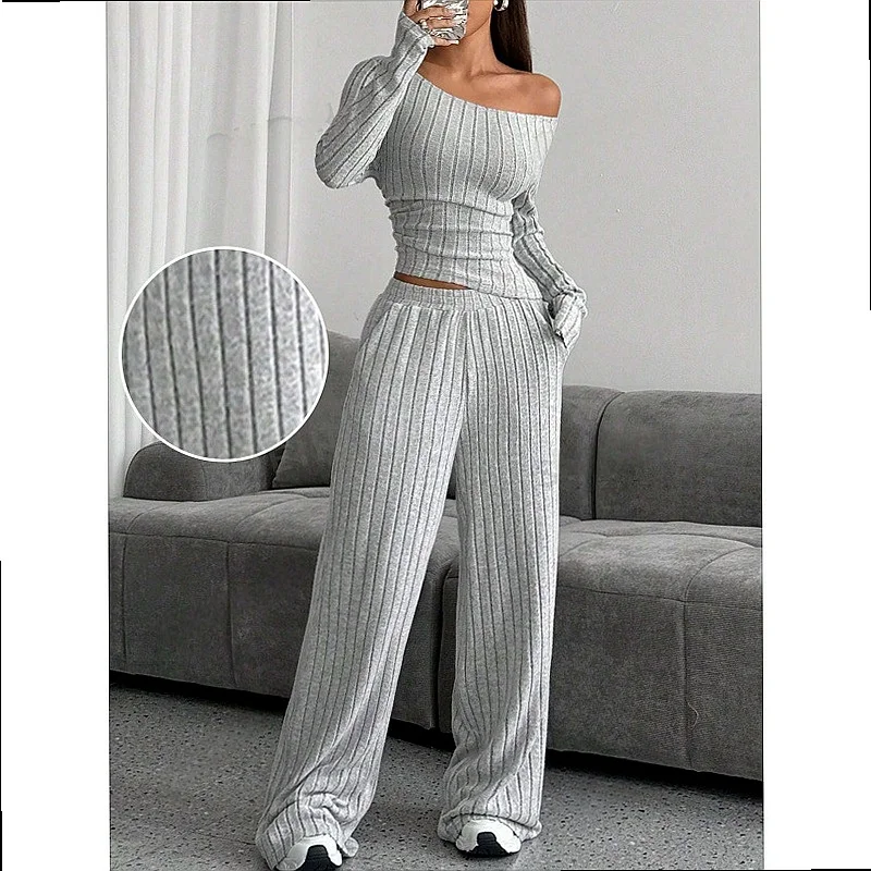 Women's Casual High Neck Knit Long Sleeve Matching Set, Solid Color Loose Jumpsuit Pants Playsuit Two Piece Set