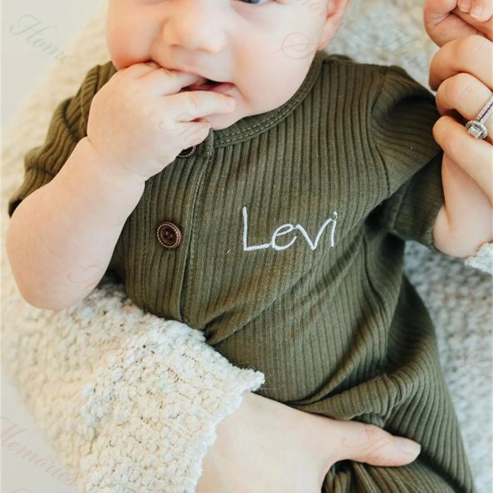 Новый весенне-осенний детский комбидресс с длинными рукавами, однотонный детский комбидресс с индивидуальной вышивкой и именем для новорожденных