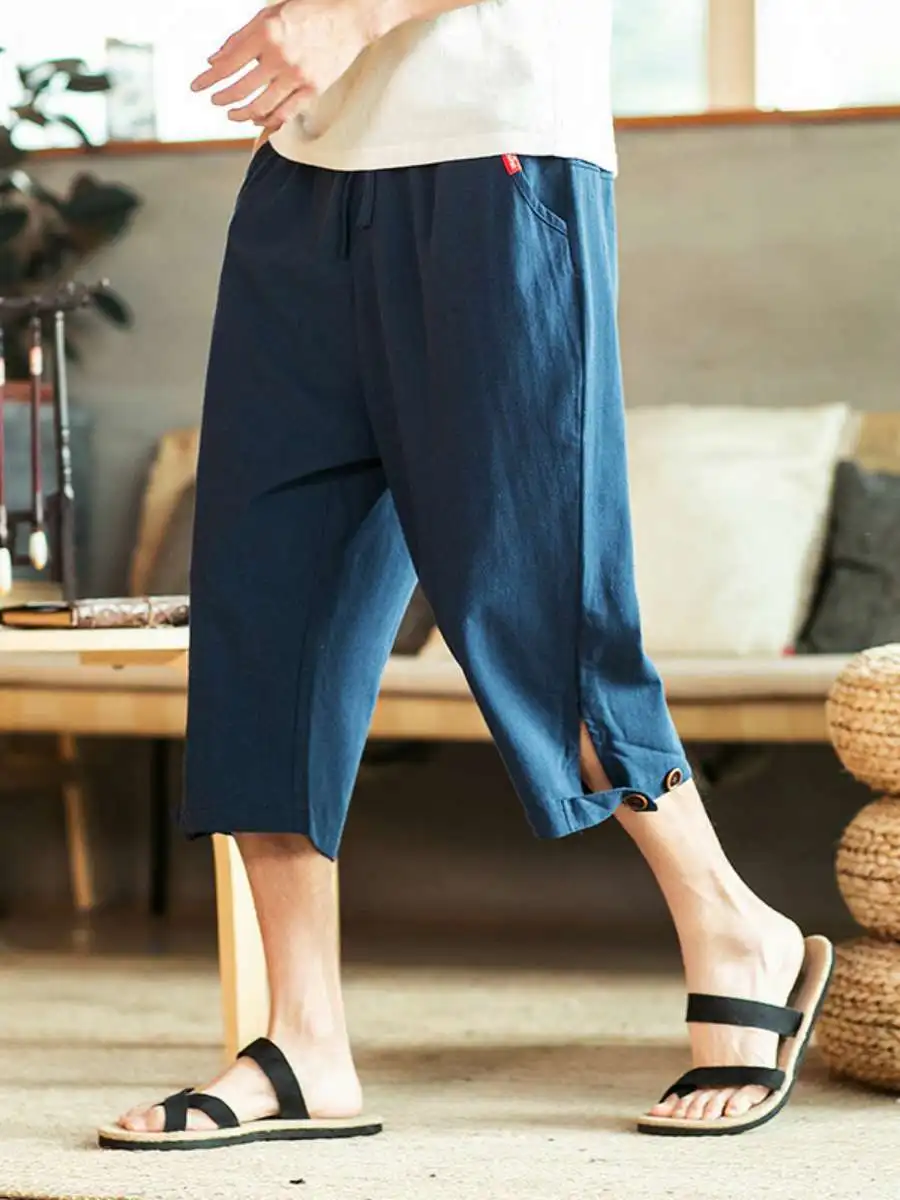 

Summer New Loose Men's Cotton Linen orts Casual Thin Sle Straight Leg Seven Tenths Pants Comfortable Breathable Pure Color