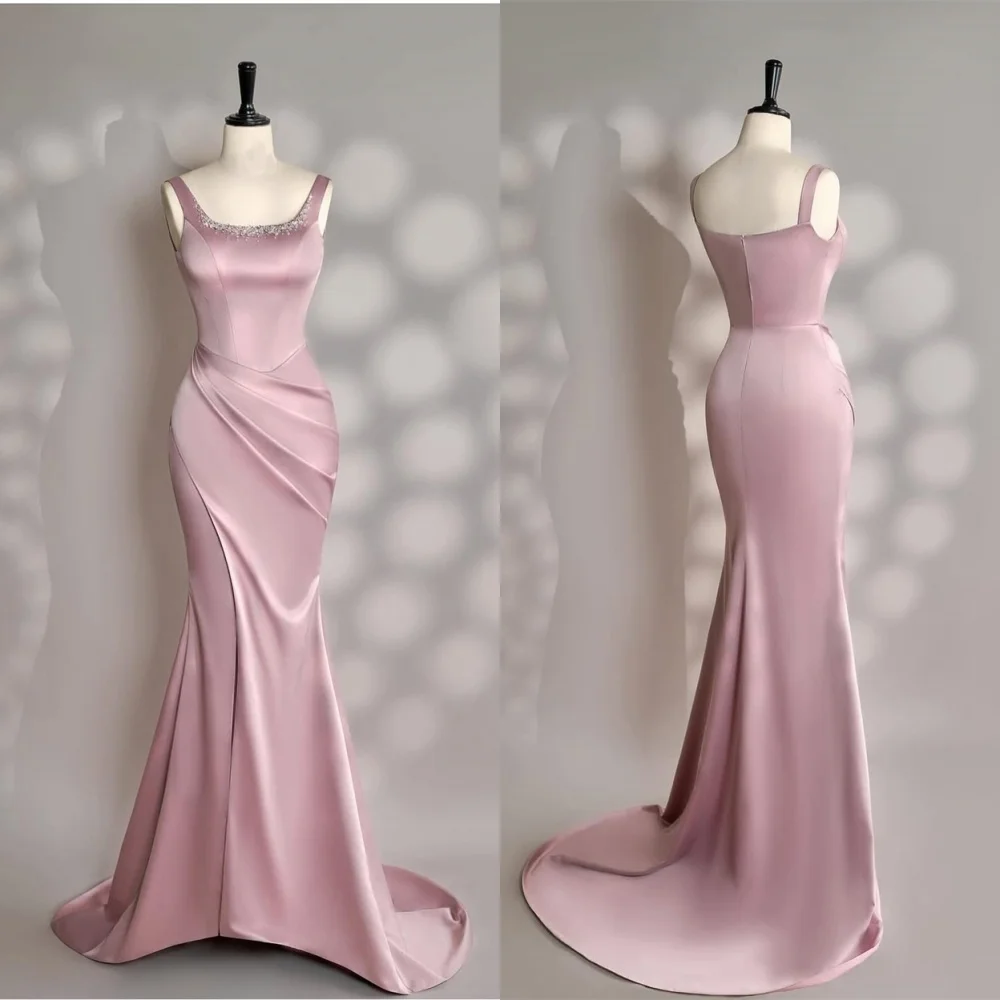 

Customized Charming Pink Satin Evening Dress Exquisite Square Collar Cap Sleeve Sleeveless Zipper Back Mermaid Celebrity Gowns