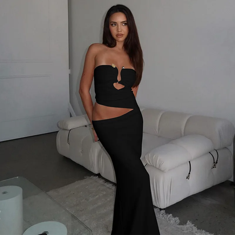 Elegant European and American Style Women's Clothing Summer Dress Sexy Strapless Backless Maxi Gown