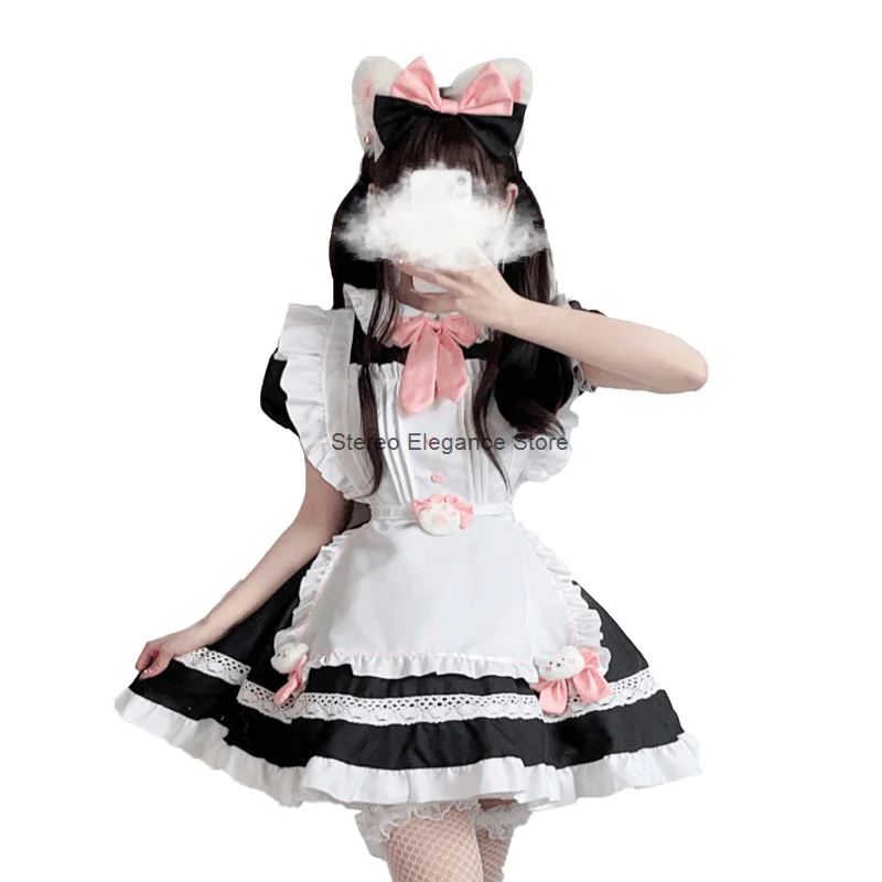 Série gato preto e branco vestido de empregada anime traje feminino tycoon lourie uniforme de empregada cos café vestido de princesa lolita