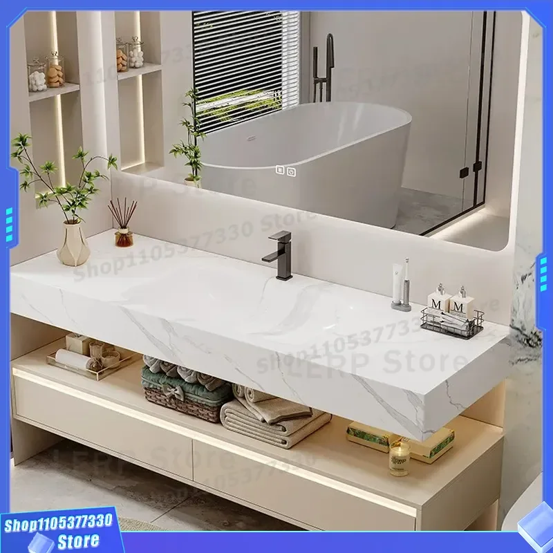 Light Luxury Cream Style Rock Slab Hot Bending Integrated Basin Solid Wood Bathroom Cabinet Combo Washstand Face Sink Modern