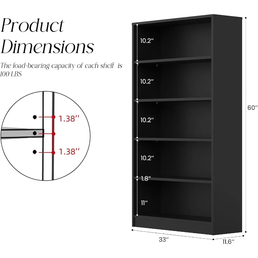 خزانة كتب بطول 60 بوصة مكونة من 5 أرفف، منظم تخزين، رف قابل للتعديل للمنزل والمكتب وغرفة الدراسة، سهل Assey باللون الأسود #3