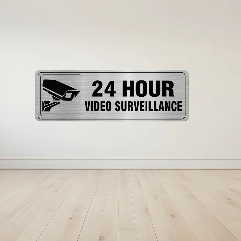 24-hour Video Surveillance Aluminum Signs - Silver, Metal Door/wall Signs, for Commercial and Restaurant Security wall decor