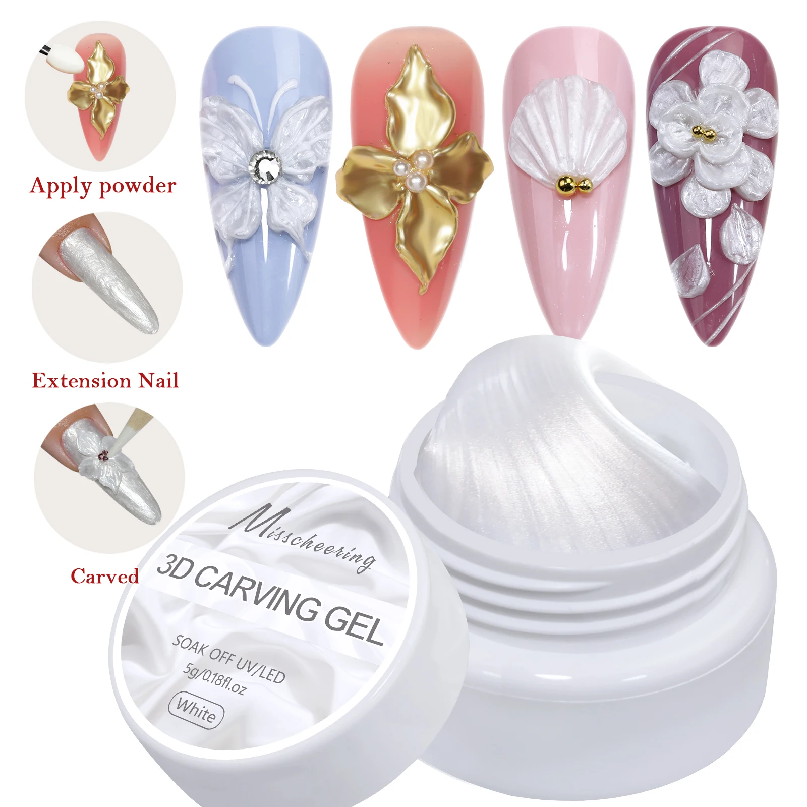 5ml White Non Stick Hand Carved Gel Nail Polish for 3D Shaping Nail Art Solid Pearl Satin Gloss Gel for Nail Design Decoration