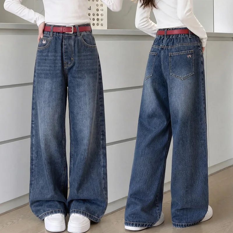 New Autumn Children Loose Straight Leg Jeans for Teenage Girls High Fashion Street Denim Pants Kids Casual Jeans Trousers