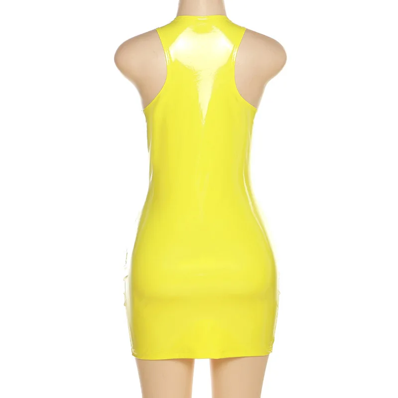 2023 Sexy Womens Sleeveless Latex Tank Dresses Patent Leather Wet Look Clubwear Costume Bodycon Yellow Black Mini Dresses