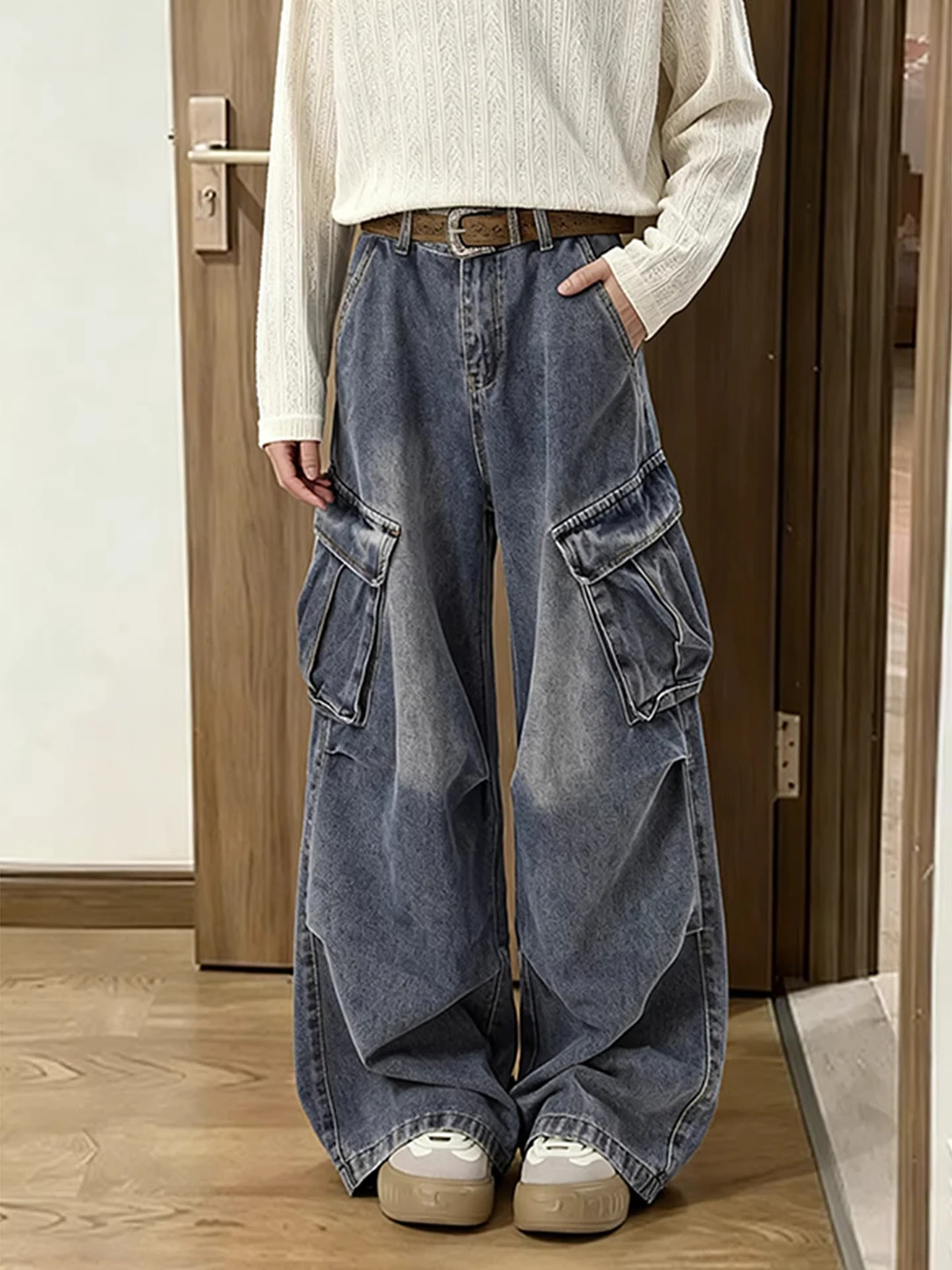 

American Retro Blue Men's Denim Jeans Multiple kets Straight Leg Folded Workwear Pants Slimming Bootcut Casual Jeans