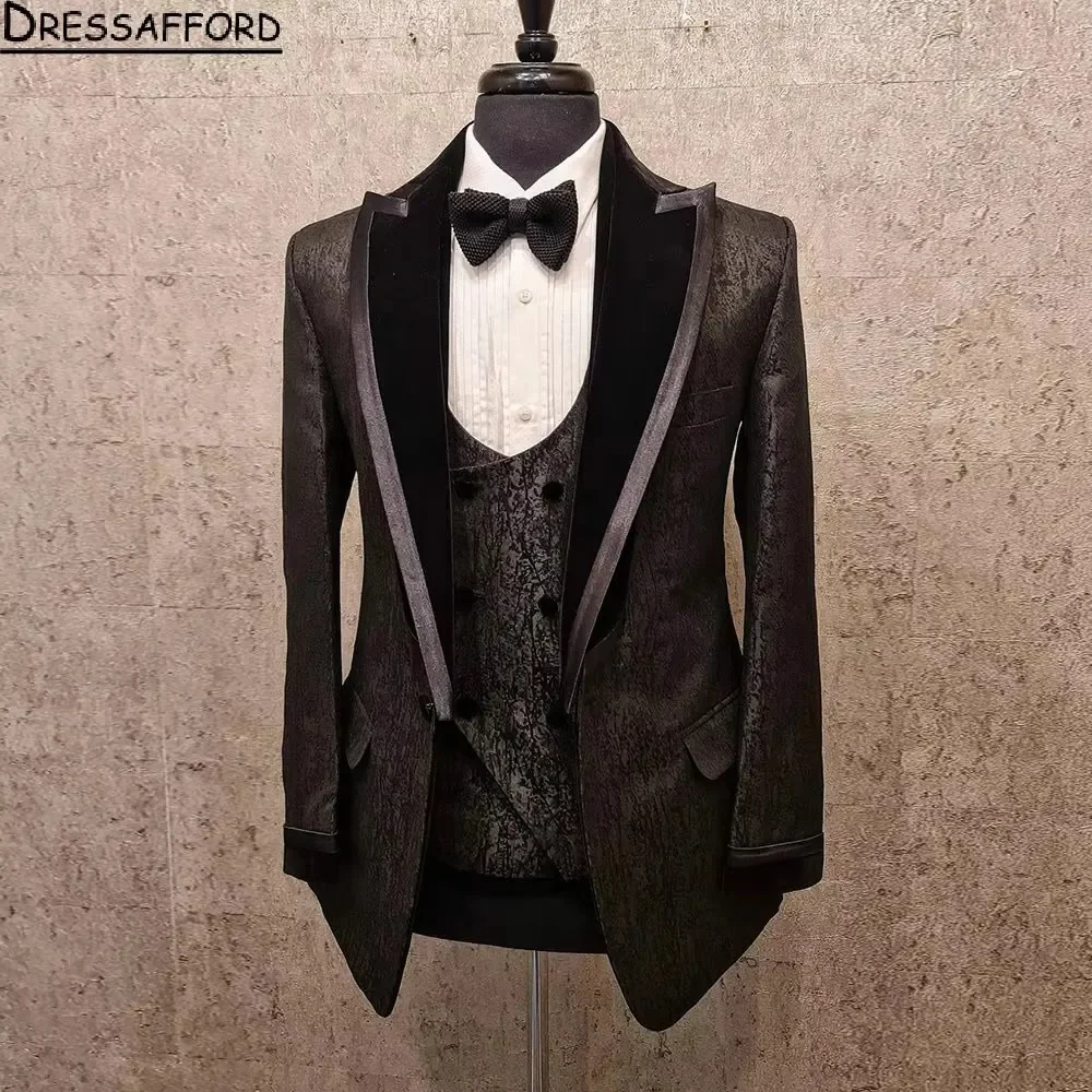 Black Jacquard Groom Wear Formal Men Suits 3 Piece Jacket Vest And Pants Sets Smart Casual Business Blazer
