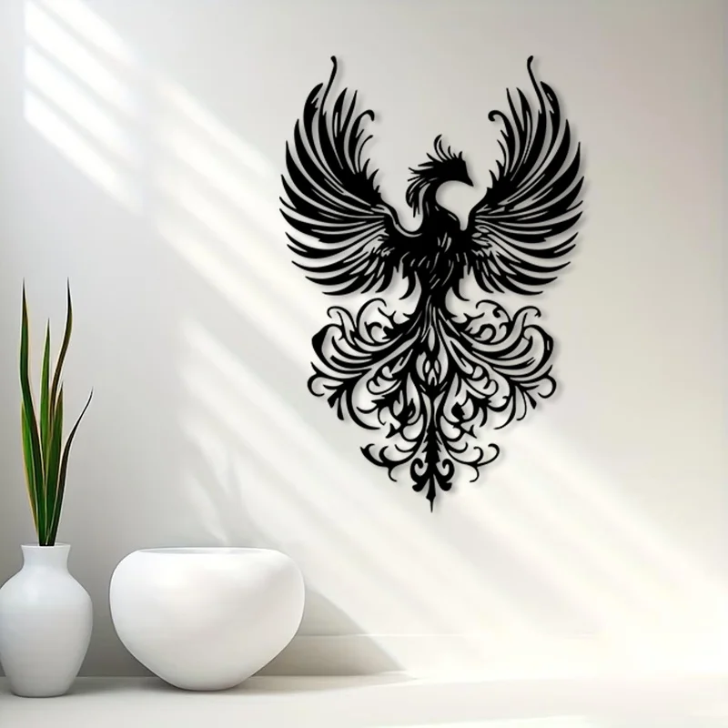 Phoenix Metal Wall Art, Vintage Mythical Phoenix Rising From Ashes Iron Silhouette Mural, Indoor Outdoor