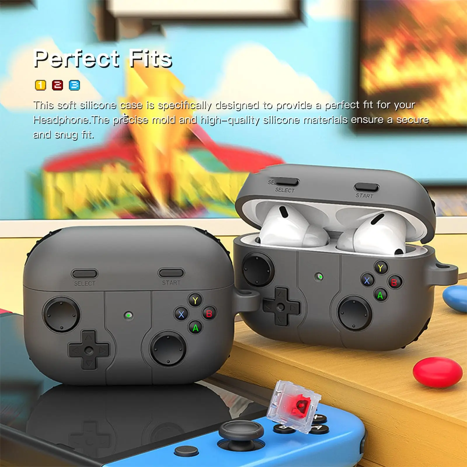 AirPods Pro 3用ケース 可愛い3Dゲームプレイヤーデザイン 保護シリコンスキンカバー キーチェーンとクリーニングキット付き