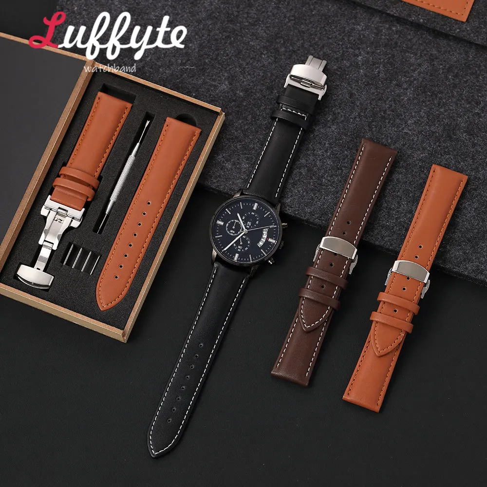 Men Soft PU Leather Watch Band 18mm 20mm 22mm 24mm with Butterfly Buckle Gift Packing Box Business Style Replacement Strap