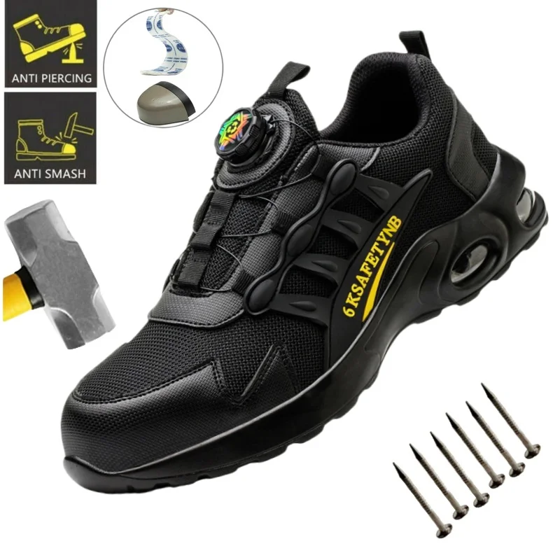 Rotating Button Safety Shoes Steel Toe Safety Shoes for Men Women Air Cushion Work Shoes Breathable Safety Tennis Sneaker