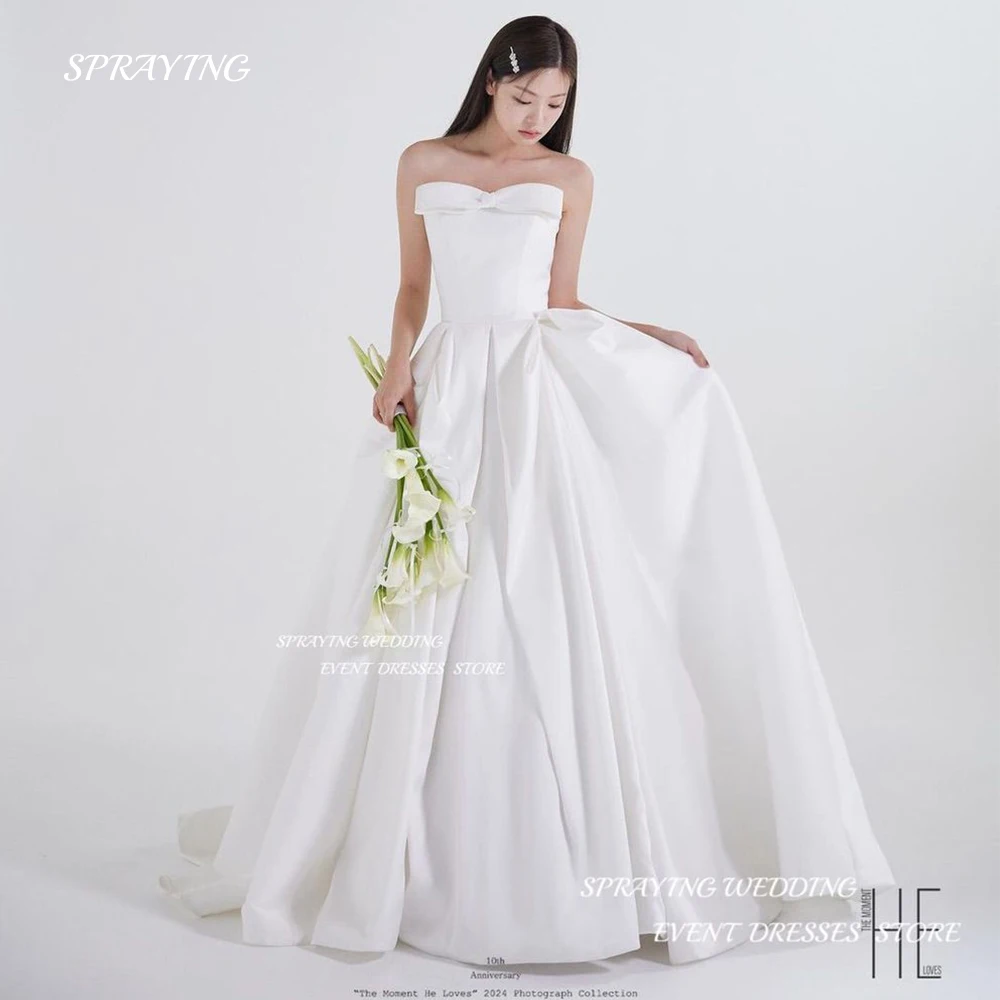 

SPRAYING Simple Korea Strapless Wedding Dresses Photoshoot Soft Satin A Line Bridal Gown Sleeveless Custom Bridal Dresses 웨딩드레스