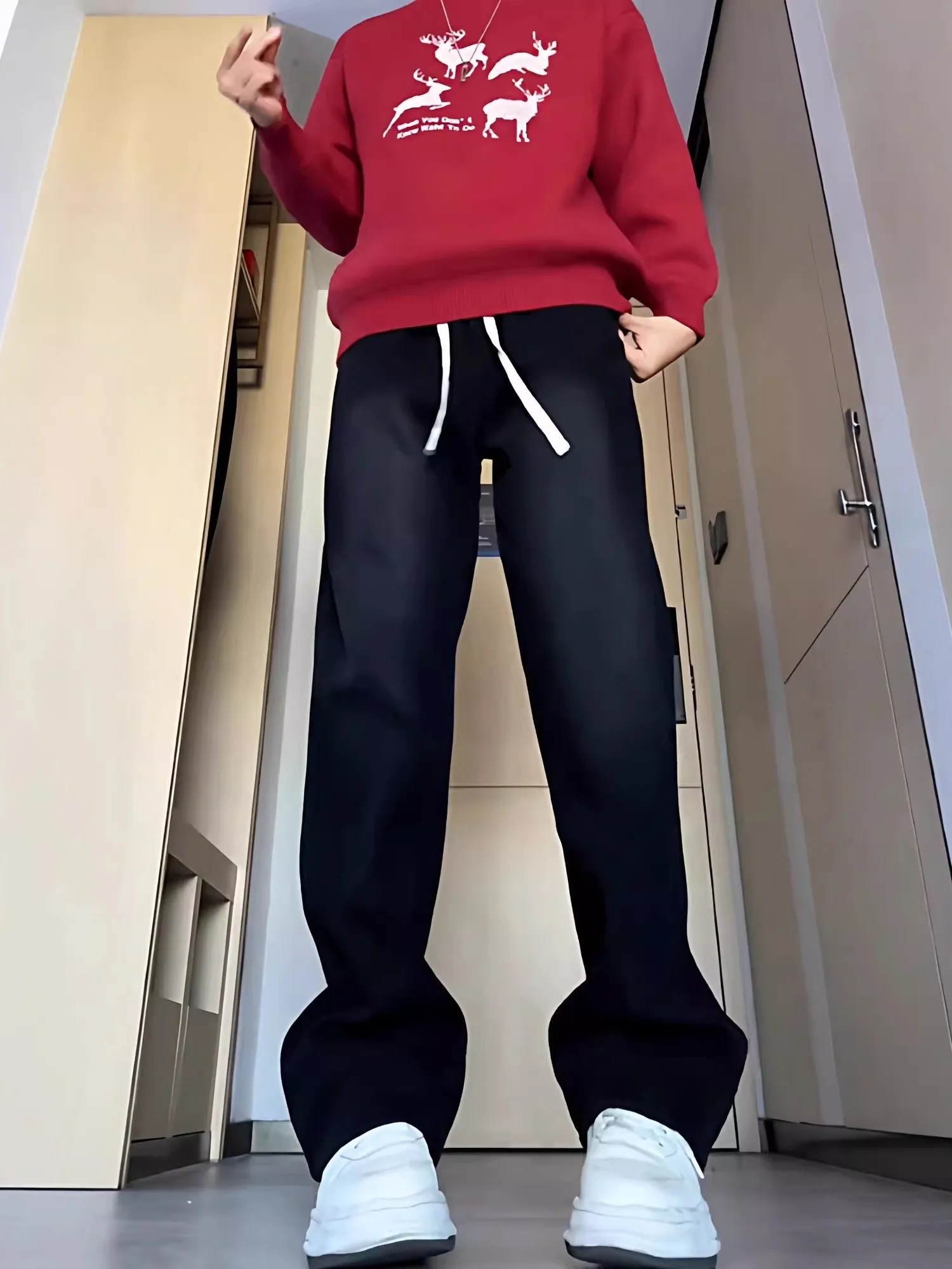 Gradient Fleece Lined Elastic Waist Men's Jeans American Style Drawstring Loose Straight Leg Long Pants Autumn Winter Basic V...